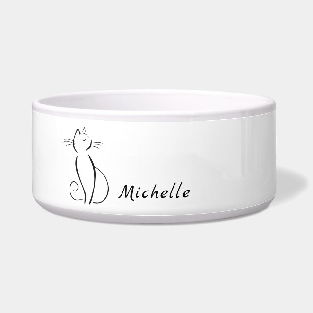 Tigela Nome de Adição Mínimo de Gato Preto em Branco (Frente)