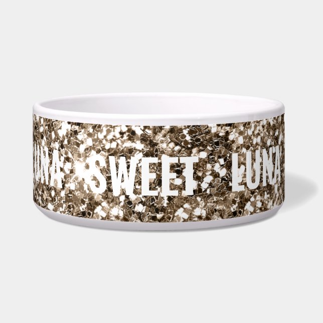 Tigela Nome de cachorro Glittery Sweet Luna feminino Pet  (Esquerda)