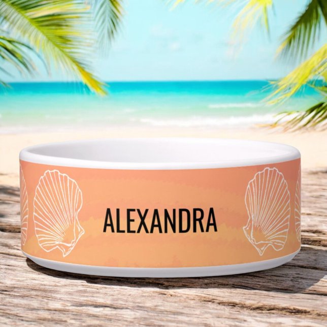 Tigela Nome de Pet Personalizado - Cascas de Mar de Praia (custom pet bowl front)
