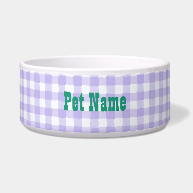 Tigela Nome de Pet Personalizado de Gingham Roxo - Person (Frente)