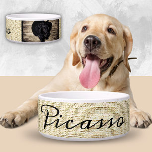Tigela Nome do Cachorro Russo Beige no Script Negro 2 Fot
