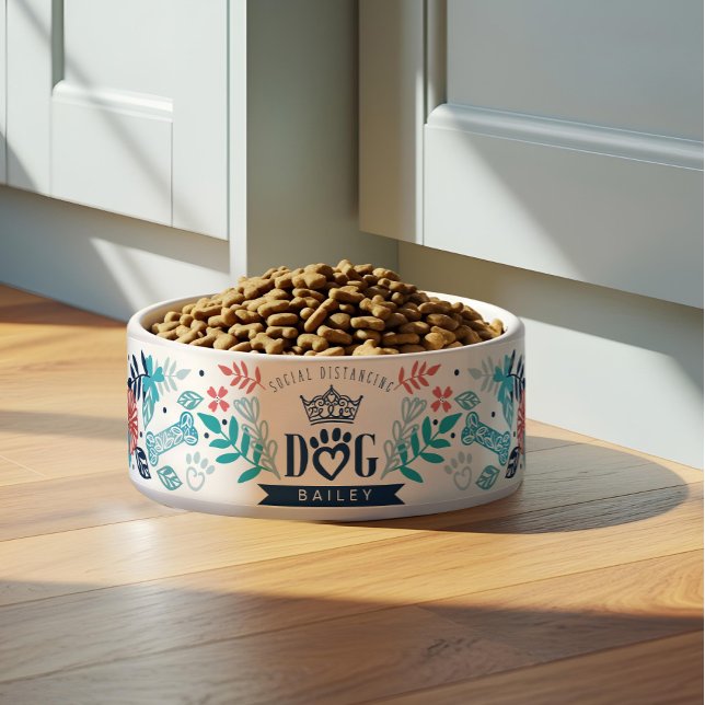 Tigela Nome Personalizado Cão Distanciante Social e Desig (Custom Name Social Distancing Dog & Floral Design Bowl)
