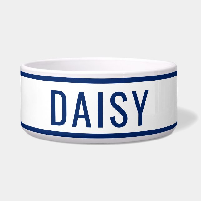 Tigela Nome Personalizado Clássico Branco Azul Marinho Mi (Frente)