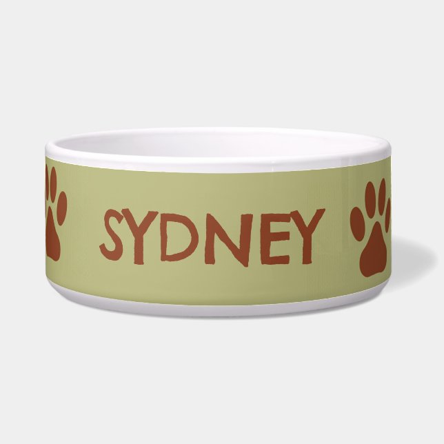Tigela Nome personalizado da pata de cão castanho (Frente)
