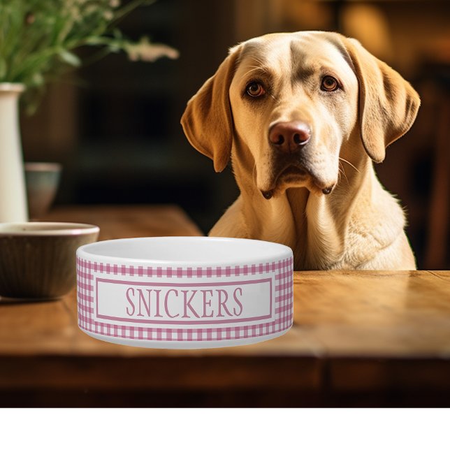 Tigela Nome Personalizado de Xadrez Rosa Gingham (Criador carregado)