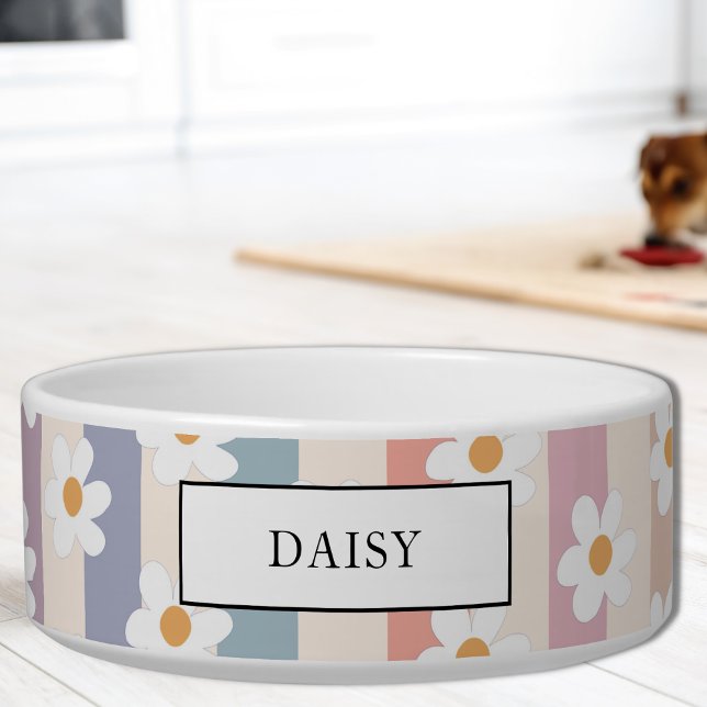 Tigela Nome Personalizado Pastel Floral Stripe Pet (Criador carregado)