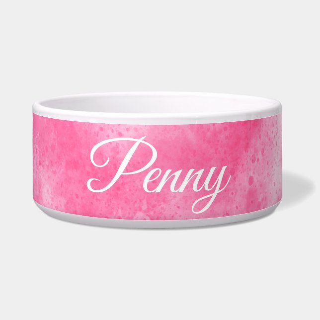 Tigela Nome Personalizado Pink Splatter Cerâmica Pet Bowl (Frente)