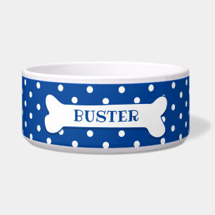 Tigela Osso de Cachorro Personalizado Blue White Polka Do