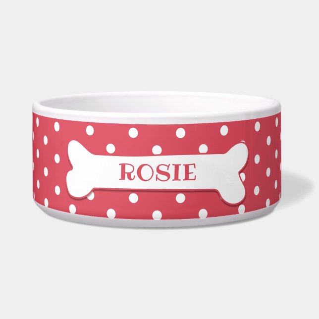 Tigela Osso de Cachorro Rosa Coral Branco Pontos de Bolin (Frente)