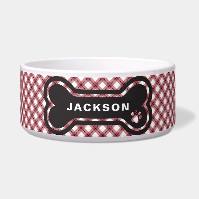 Tigela Osso de Cachorro Xadrez Argyle Vermelho e Branco C (Frente)