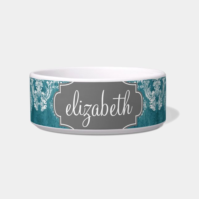Tigela Padrão Damask Turquesa Grungy com Texto Personaliz (Frente)
