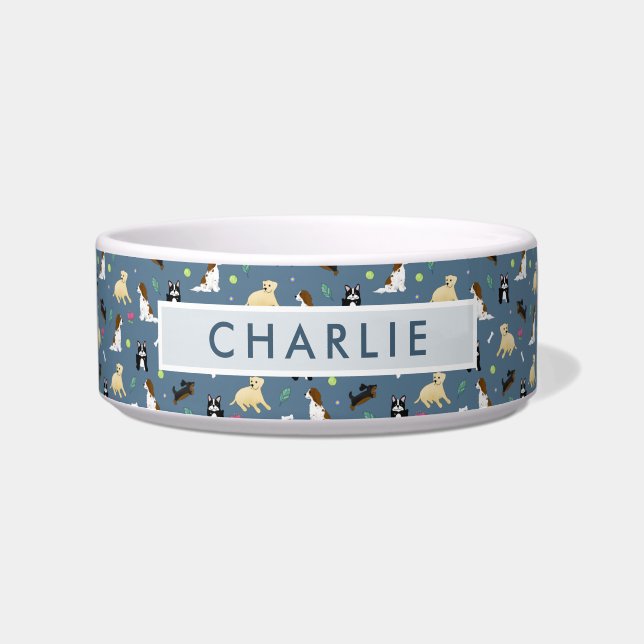 Tigela Padrão de Cachorro Azul Bonito e Moderno (Frente)