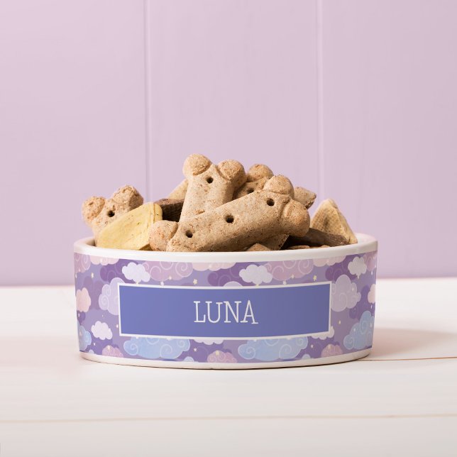 Tigela Padrão de Nuvens e Estrelas de Pastel Whimsical (Whimsical Purple Sky & Clouds Pattern Dog Bowl)