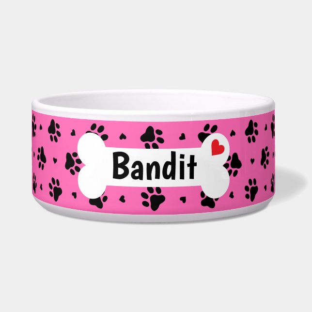 Tigela Padrão de Pata de Cachorro Preta Impressões e Cora (Frente)