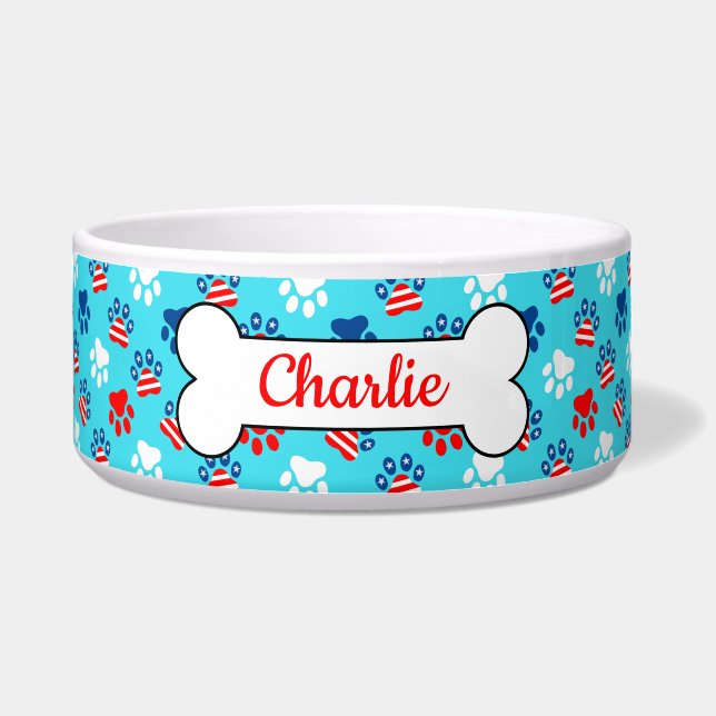 Tigela Padrão de Patinhas de Cachorro Vermelhas, Brancas  (Frente)