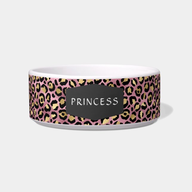 Tigela Padrão de Pele de Leopardo Rosa Menina para Cachor (Frente)