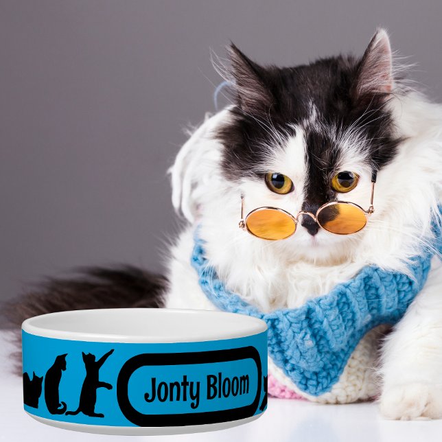 Tigela Padrão de Silhueta Azul de Gato Preto com Nome de  (Criador carregado)