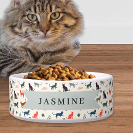 Tigela Padrão de Silhuetas de Gato Nome Personalizado Pet