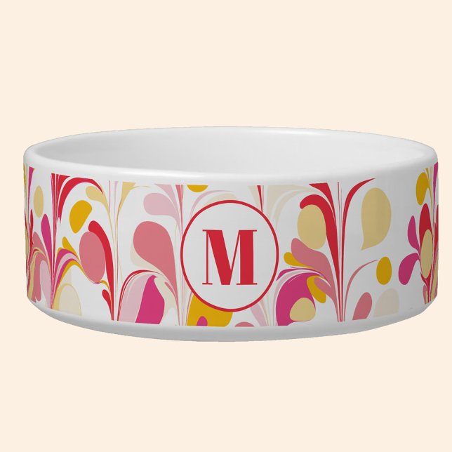 Tigela Padrão do mármore retrorreflector do Abstrato de m (Retro abstract marble pattern pink yellow monogram personalized ped food bowl)