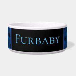 Tigela para animais de estimação com padrão azul.