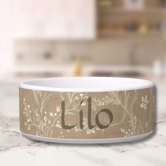 Tigela para Cachorro - Botânica Marrom, Personaliz (Personalized Brown Botanical Pet Bowl)
