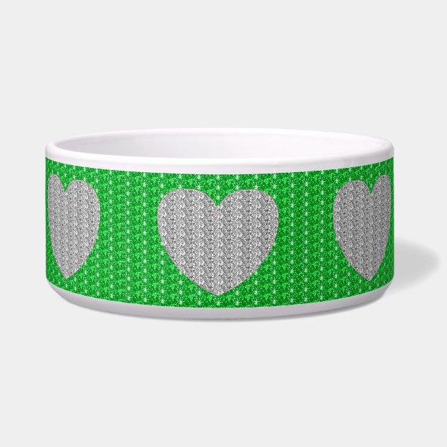 Tigela para Cachorro Prata Verde Coração Brilho (Frente)