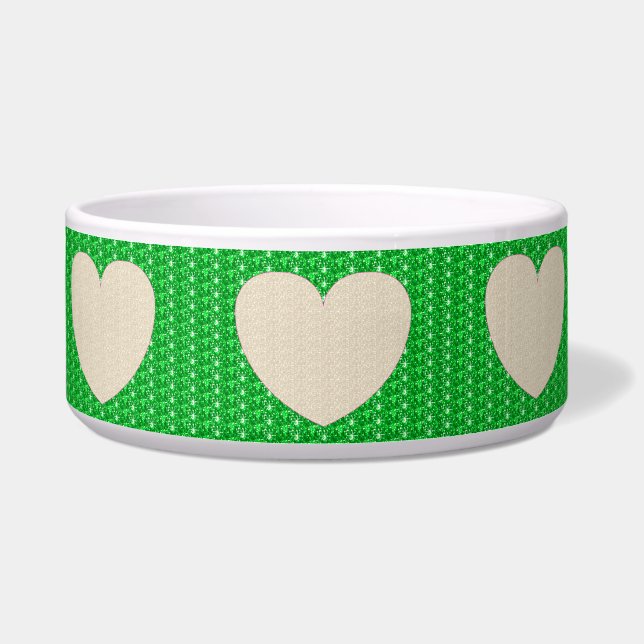 Tigela para Cachorro Verde Branco Coração Brilho (Frente)