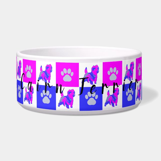 Tigela para cão em rosa quente e azul Cairn Terrie (Frente)