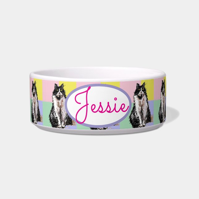 Tigela para Nome de Gato Tuxedo em Cores Pastel Ro (Frente)