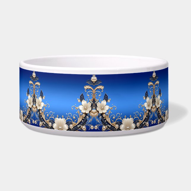 Tigela para Pet com Enfeite Floral Azul Branco (Frente)