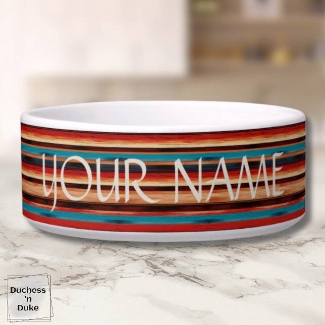 Tigela para Pet com Faixa Serape Ocidental e Nome  (Western Serape Stripe Custom Pet Name Pet Bowl)