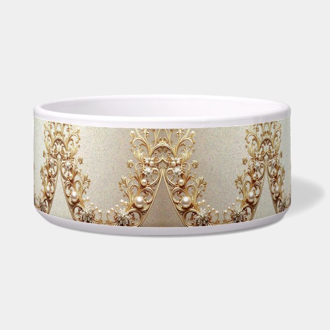 Tigela para Pet com Floreio Dourado Ornamentado (Frente)