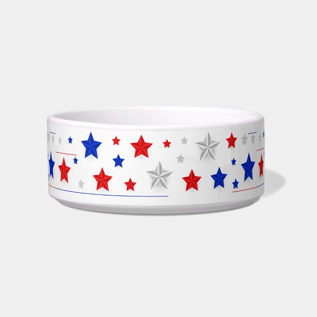 Tigela para Pet Estrelas Decorativas (A decorative pet bowl adorned with red, white, and blue stars.)
