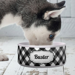 Tigela para pet xadrez preto e branco retrô fofo