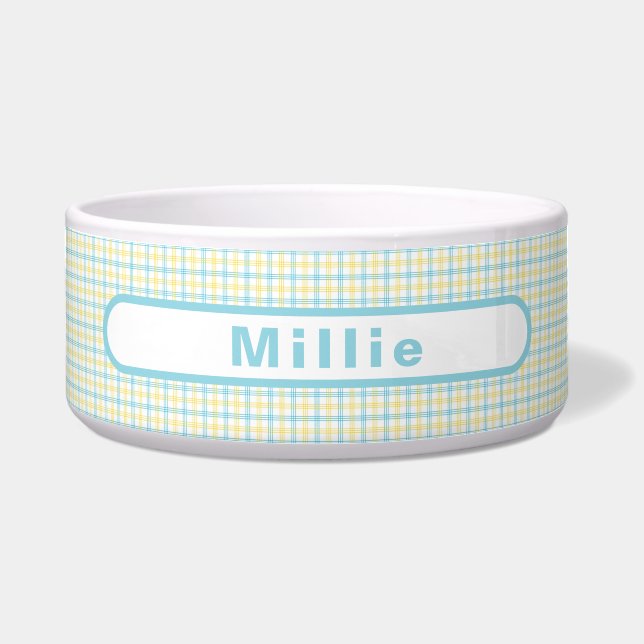 Tigela Pastel Yellow Plaid Custom Name Pet Food Water (Frente)