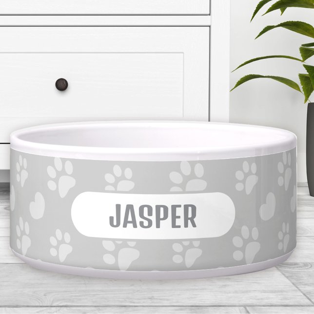 Tigela Patas Coração Cinza Nome Pet Cão (Paw Prints Heart Pattern Grey Name Pet Dog Bowl)