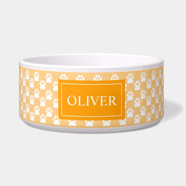 Tigela Patas de Cachorro Laranja e Branco Com o Nome do P (Frente)