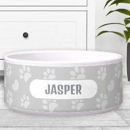 Tigela Patas Impressões Coração Cinza Nome Pet Cão