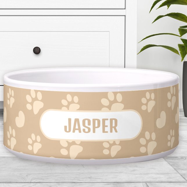 Tigela Patas Impressões Coração Padrão Bege Nome Pet Cão (Paw Prints Heart Pattern Beige Name Pet Dog Bowl)