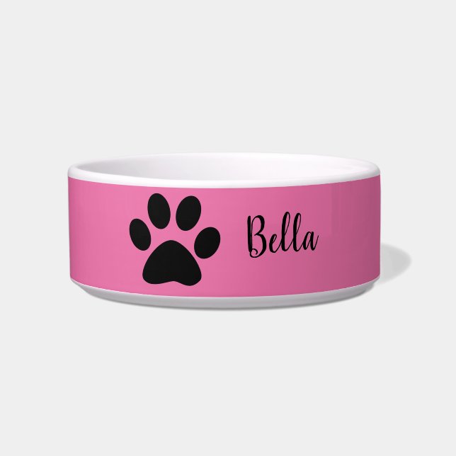 Tigela Paw Imprime Monogramas Pretos Rosa Modernos (Frente)