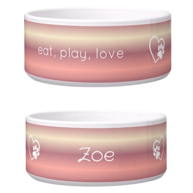 Tigela Peach 'eat, play, love' Dog Name Bowl (Criador carregado)