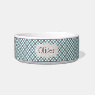 Tigela Personalizada Azul e Xadrez Cinza para Pet