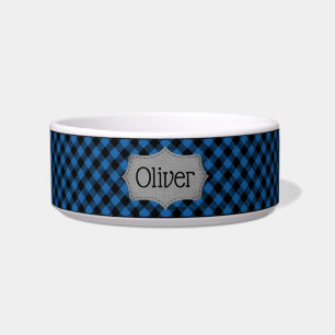 Tigela Personalizada Azul e Xadrez Preto para Pet