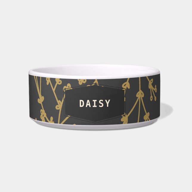 Tigela Personalizada Chic Preto Botânico para Pet (Frente)