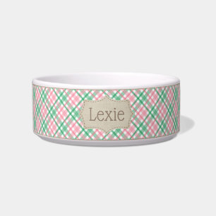 Tigela Personalizada Rosa e Xadrez Verde para Pet