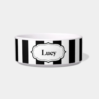 Tigela Personalize Black & White Stripe Ceramic Pet Bowl