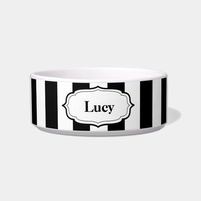 Tigela Personalize Black & White Stripe Ceramic Pet Bowl (Frente)