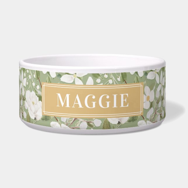 Tigela Personalize seu nome de cão Pet Bowl Verde Floral  (Frente)