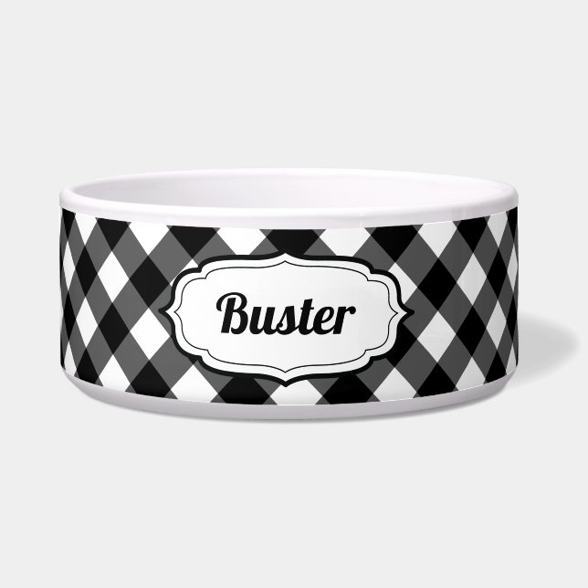 Tigela Personalized Black & White Gingham Check pet bowl  (Frente)