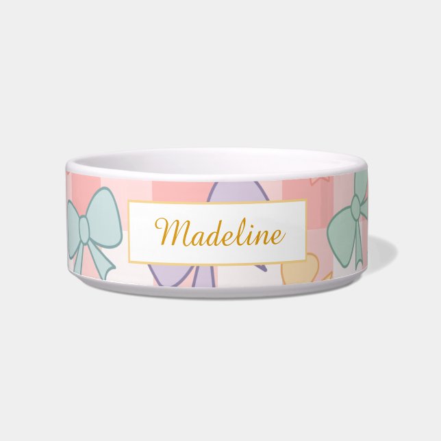 Tigela Personalized Cat Gingham Pastel Bows Bowl Ceramic (Frente)